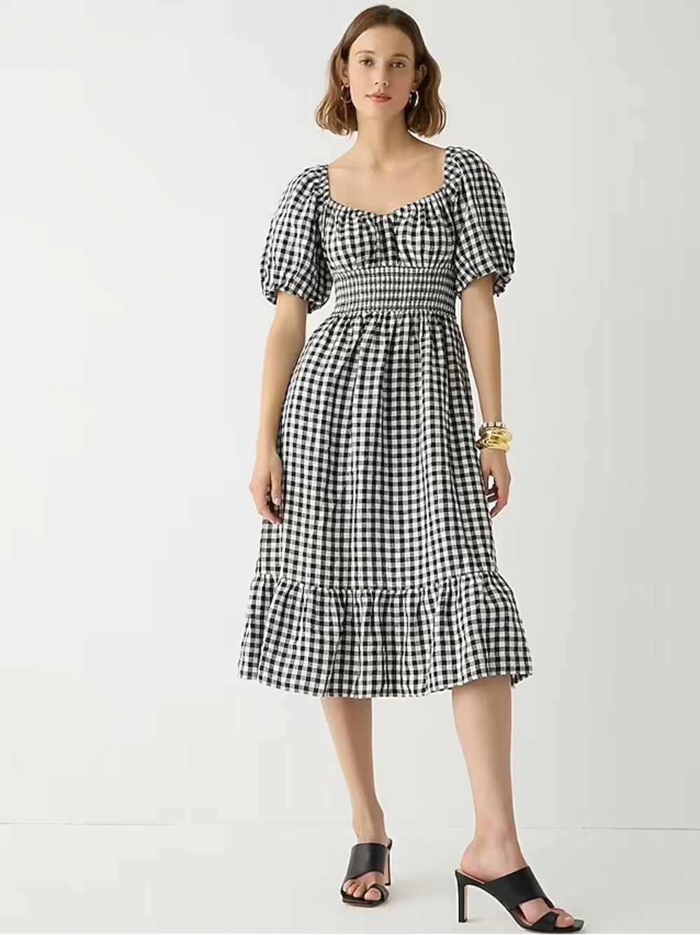 J. Crew Black & White Linen Gingham Puff-Sleeve Midi Dress Pockets size Large
